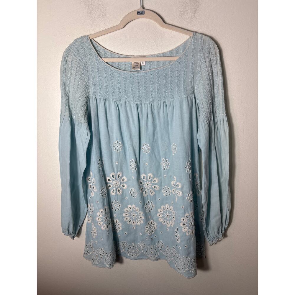 Sophie Max Light Blue Long Sleeve White Eyelet Cotton Top Sz M
